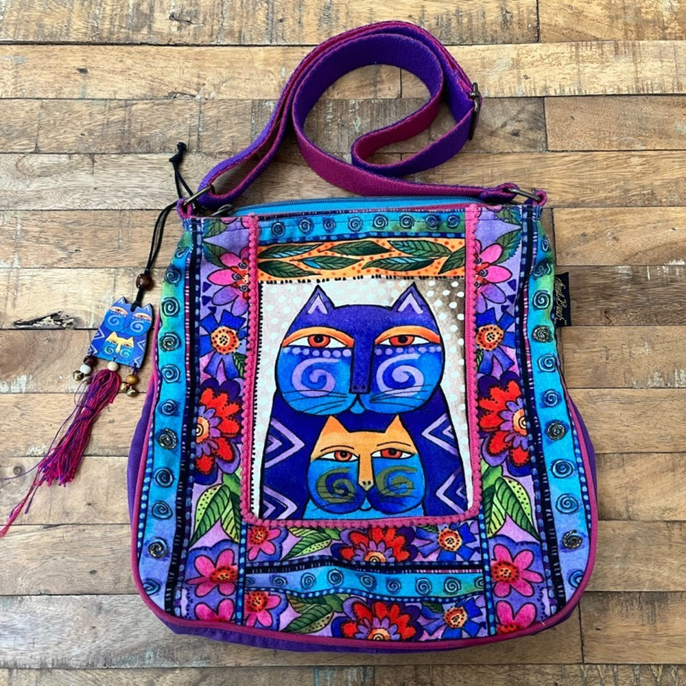 Laurel Burch "Stacked Felines" Canvas Crossbody Bag Adjustable Strap Colorful